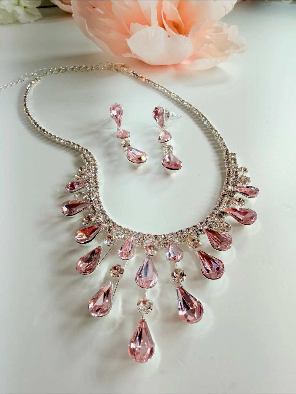 Pink Teardrop Crystal Necklace and Earring Set